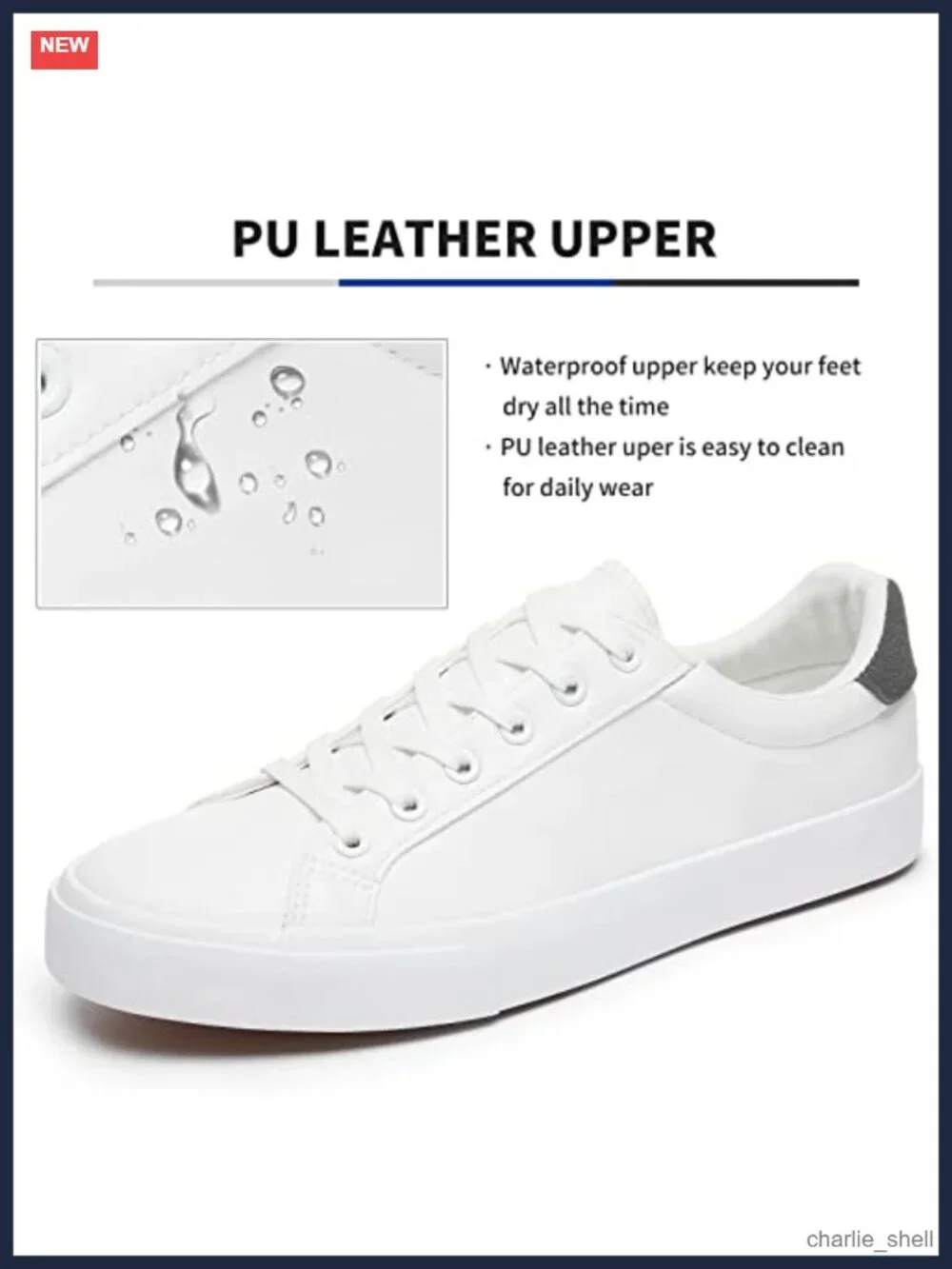 Mens White PU Leather Tennis Sneakers Water Resistant Slip Resistant Low Top